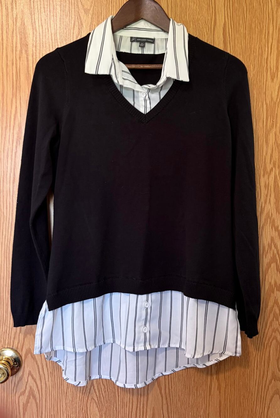 ADRIANNA PAPELL Preppy Professional Polished Office Black White Twofer Sweater M